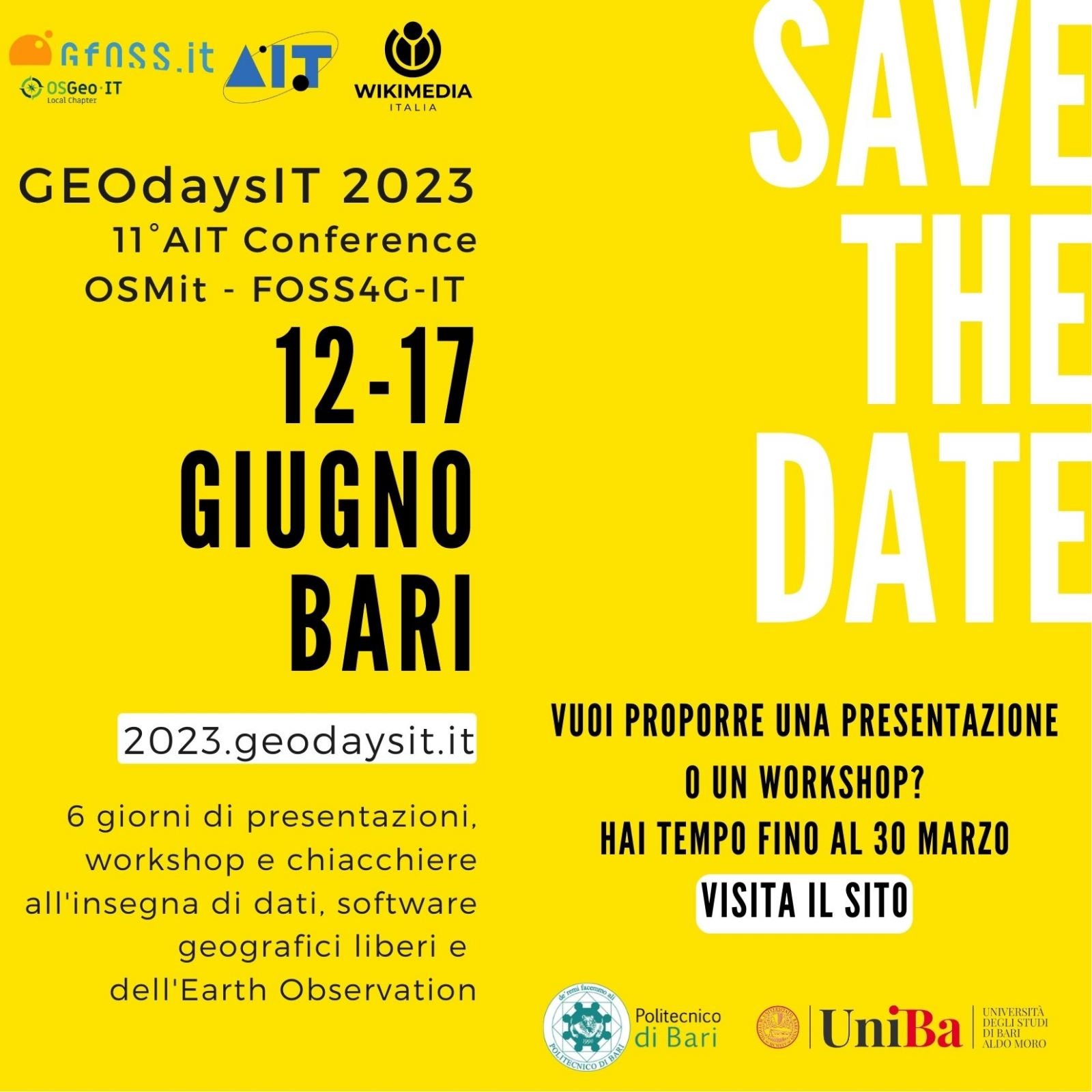 12-17 giugno 2023 Bari, GEOdaysit 2023: 11° convegno AIT, FOSS4G-IT 2023, OSMit